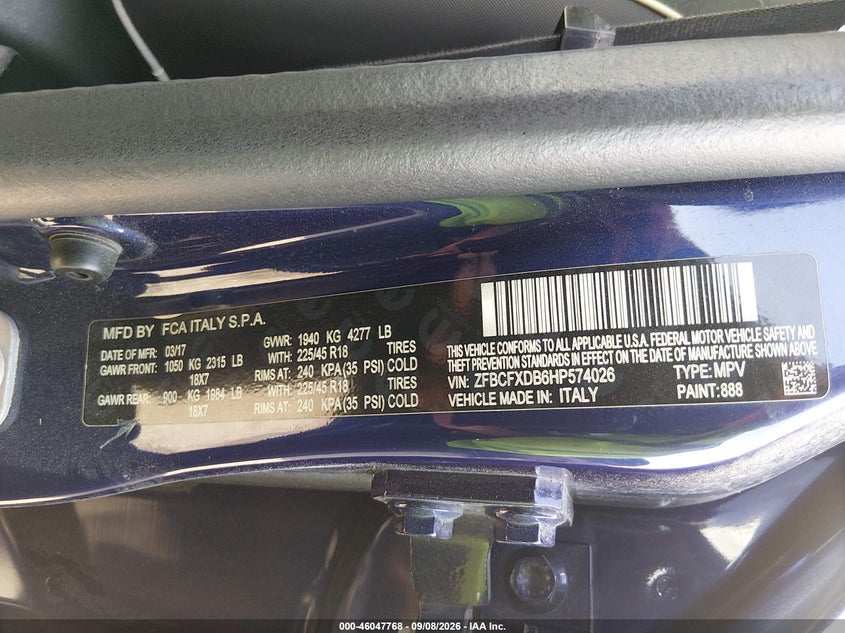 FIAT 500X 2017 VIN ZFBCFXDB6HP574026