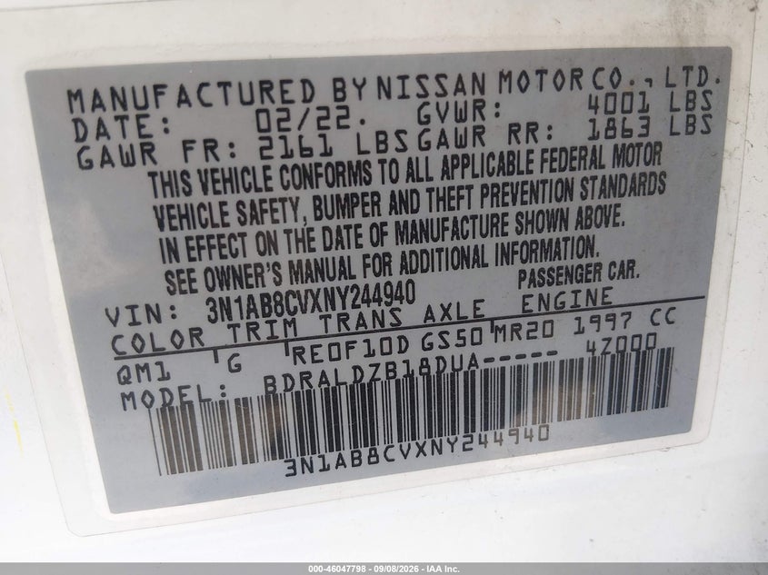 NISSAN SENTRA 2022 VIN 3N1AB8CVXNY244940
