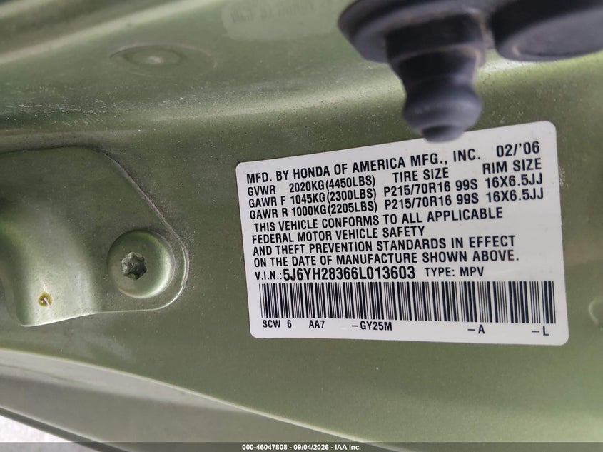 HONDA ELEMENT 2006 VIN 5J6YH28366L013603