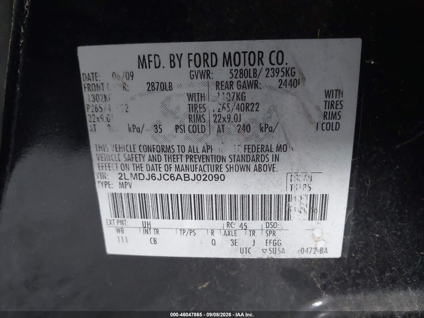 LINCOLN MKX 2010 VIN 2LMDJ6JC6ABJ02090
