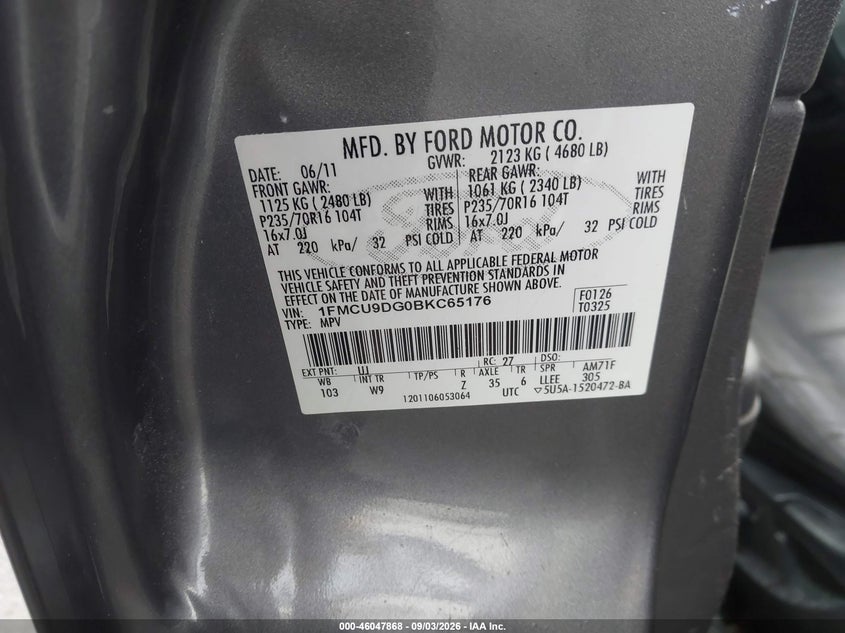2011 FORD ESCAPE SPORT UTILITY VEHICLE 3.0L V6 FI DOHC 24V NF4