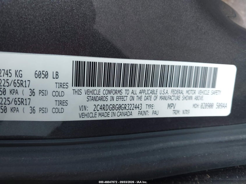DODGE GRAND CARAVAN 2016 VIN 2C4RDGBG0GR322443