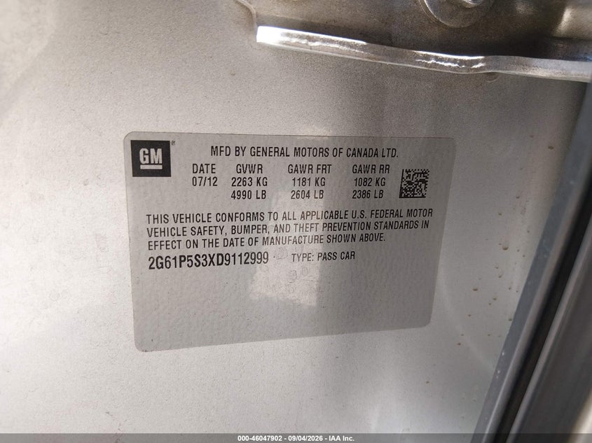 CADILLAC XTS 2013 VIN 2G61P5S3XD9112999