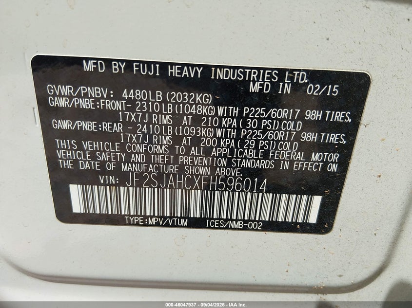 SUBARU FORESTER 2015 VIN JF2SJAHCXFH596014