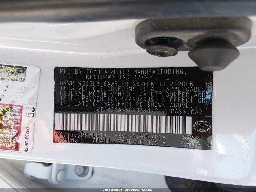 TOYOTA CAMRY HYBRID 2024 VIN 4T1K31AK4RU074142