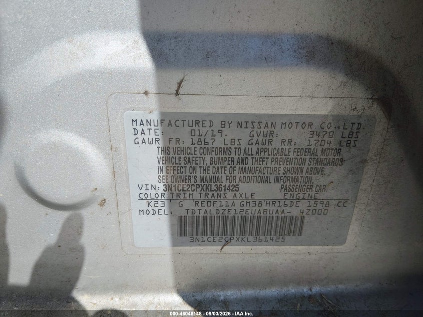 NISSAN VERSA NOTE 2019 VIN 3N1CE2CPXKL361425