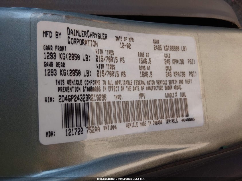 DODGE GRAND CARAVAN 2003 VIN 2D4GP24323R219288