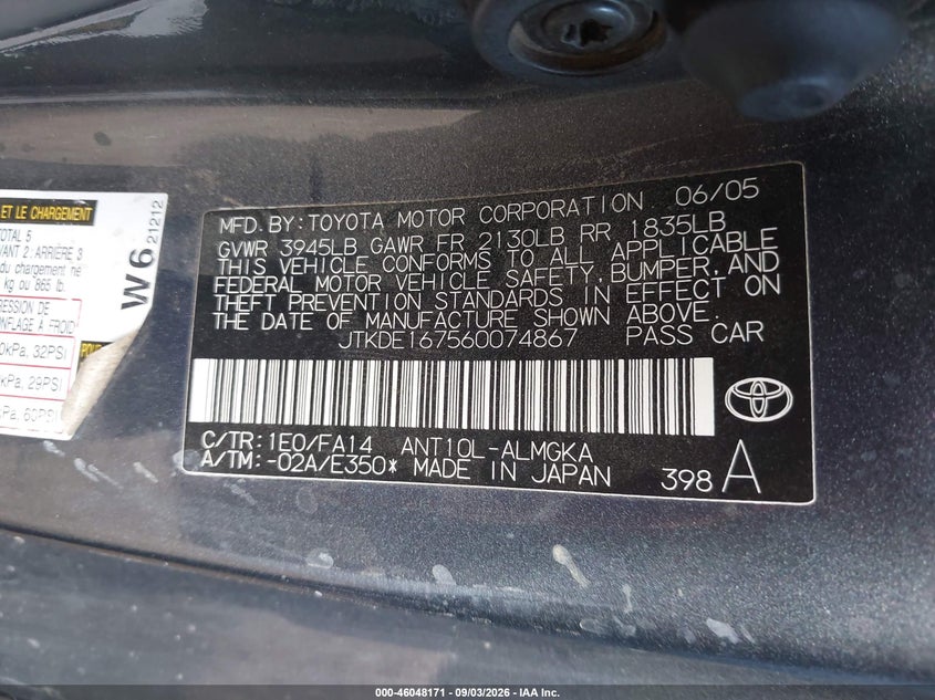 SCION TC 2006 VIN JTKDE167560074867