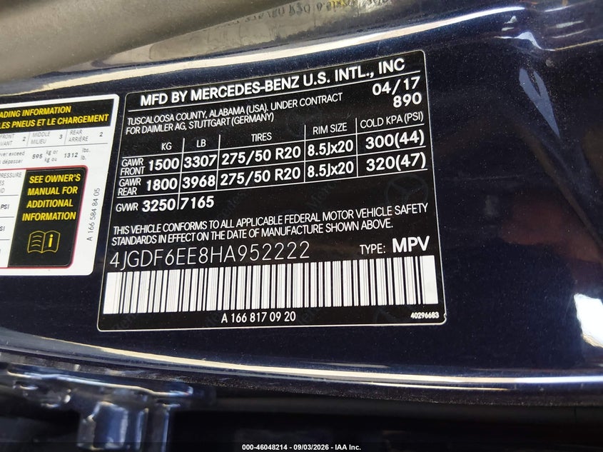 MERCEDES-BENZ GLS 450 2017 VIN 4JGDF6EE8HA952222