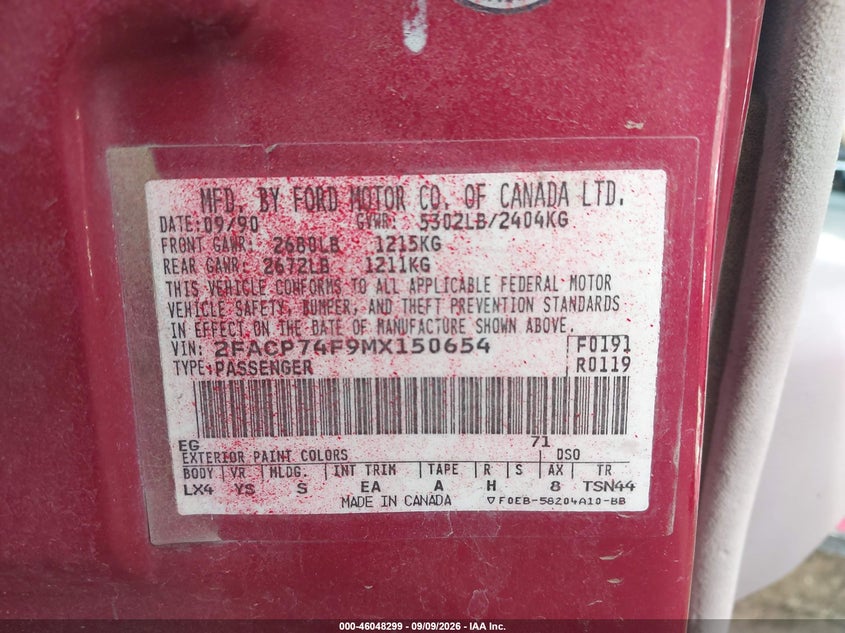 FORD CROWN VICTORIA 1991 VIN 2FACP74F9MX150654