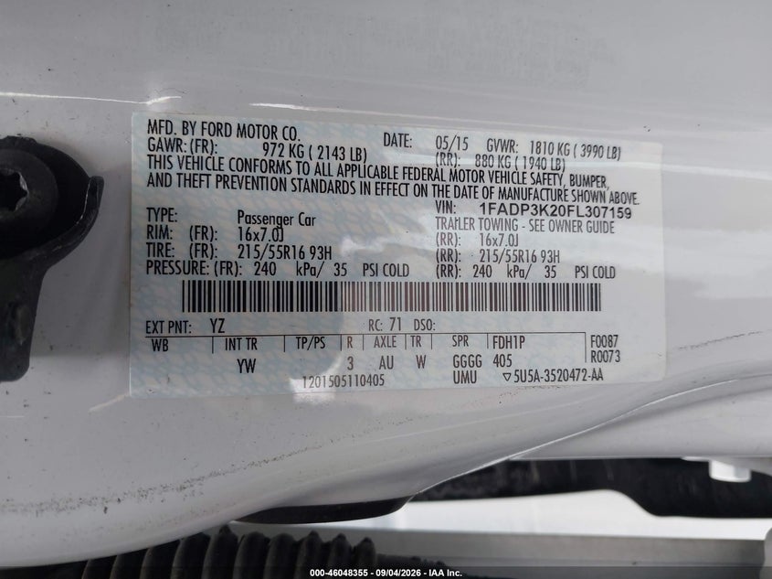 FORD FOCUS 2015 VIN 1FADP3K20FL307159