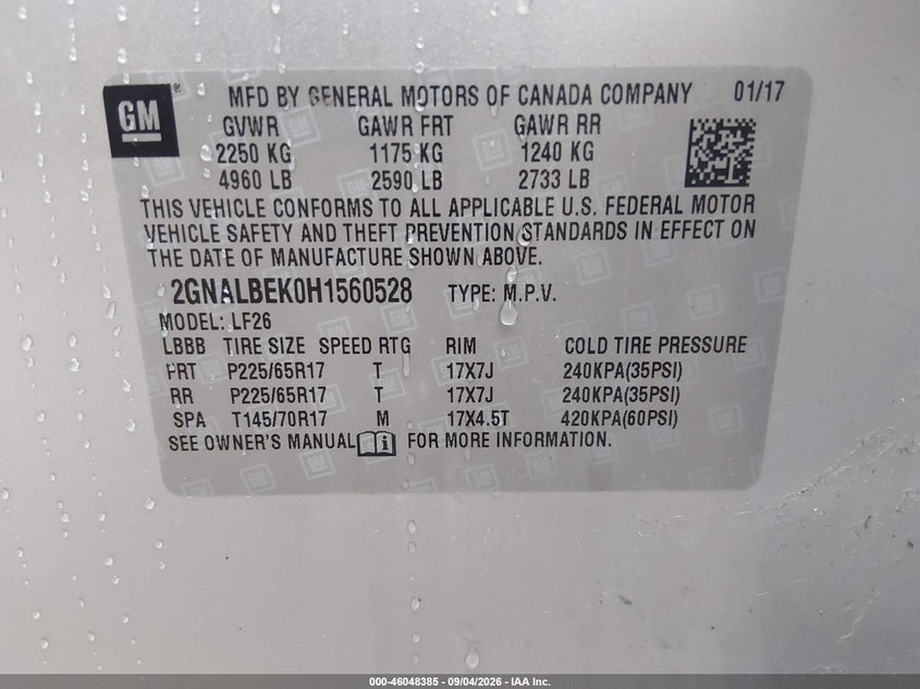 CHEVROLET EQUINOX 2017 VIN 2GNALBEK0H1560528