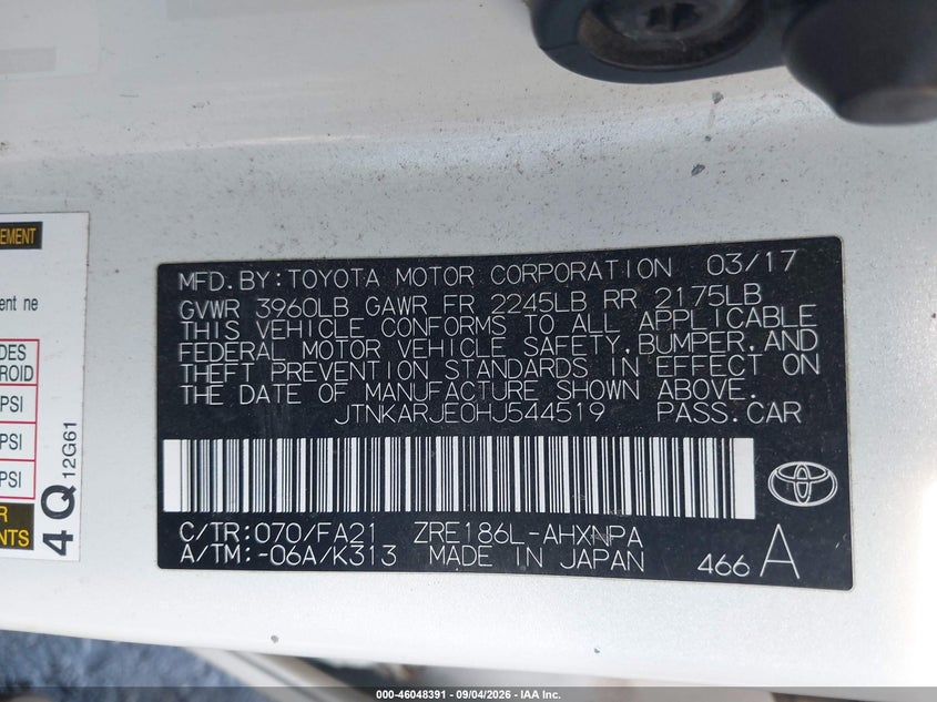 TOYOTA COROLLA IM 2017 VIN JTNKARJE0HJ544519