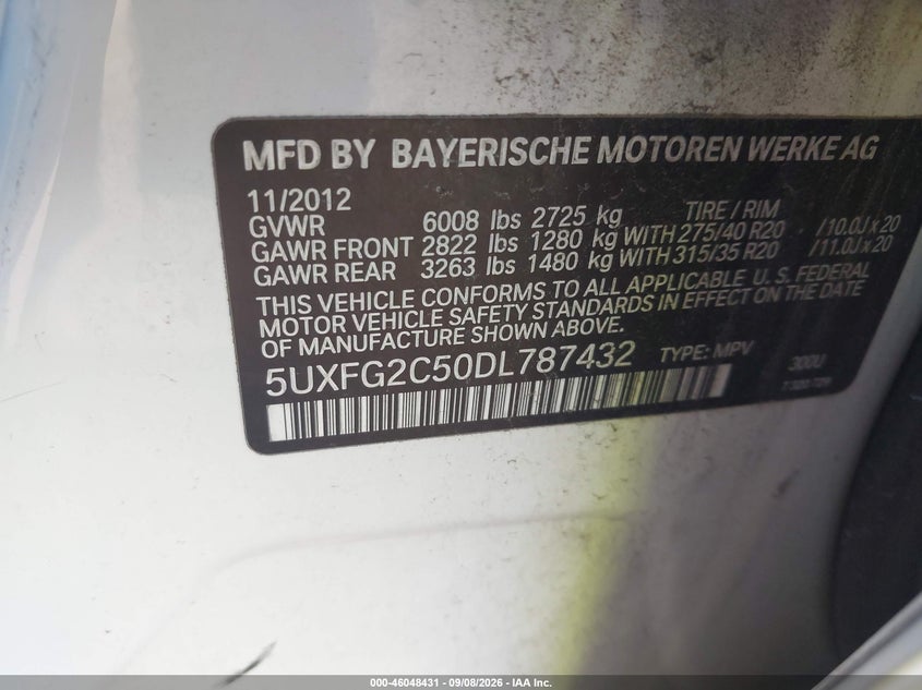 BMW X6 2013 VIN 5UXFG2C50DL787432