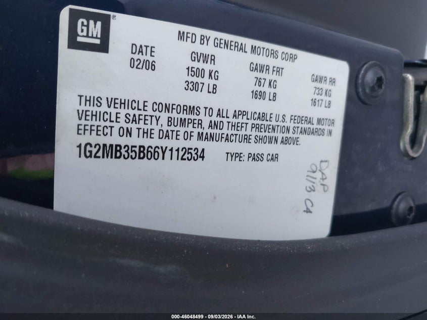 PONTIAC SOLSTICE 2006 VIN 1G2MB35B66Y112534