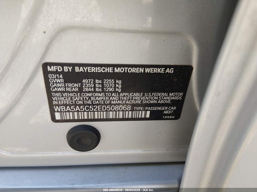 BMW 528I 2014 VIN WBA5A5C52ED508068