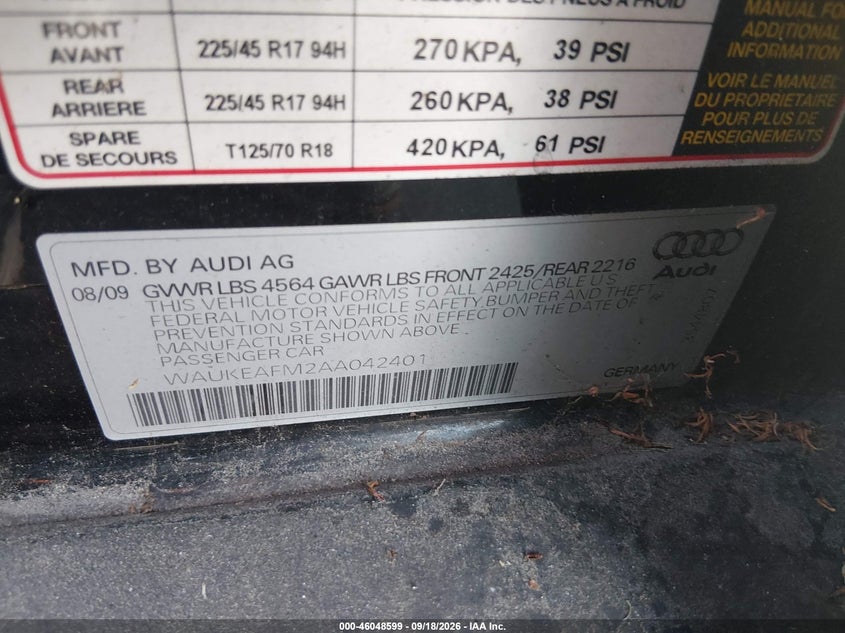 AUDI A3 2010 VIN WAUKEAFM2AA042401