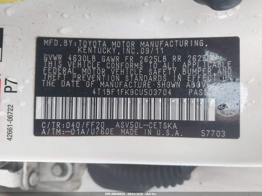 2012 TOYOTA CAMRY SEDAN 2.5L I-4 DOHC, VVT, REGULAR , 173HP