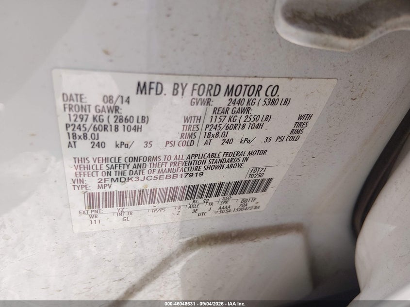 FORD EDGE 2014 VIN 2FMDK3JC5EBB17919