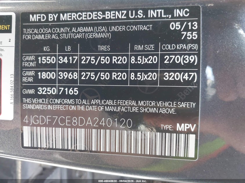 MERCEDES-BENZ GL 450 2013 VIN 4JGDF7CE8DA240120
