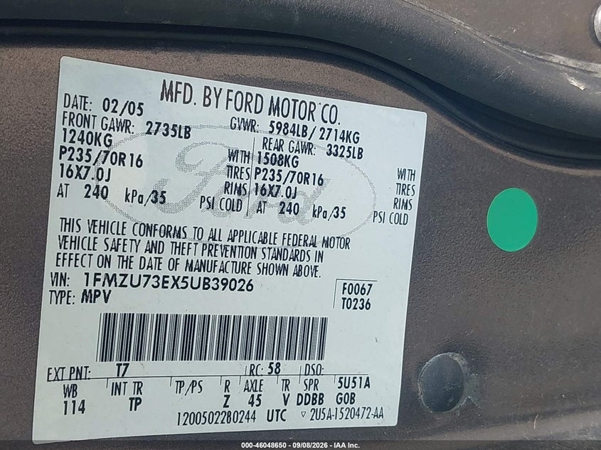 2005 FORD EXPLORER SPORT UTILITY VEHICLE 4.0L V-6 210HP