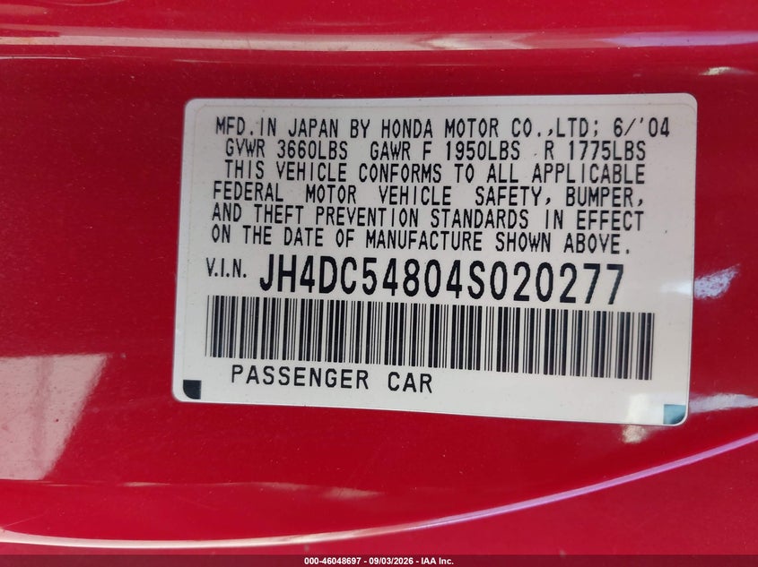 ACURA RSX 2004 VIN JH4DC54804S020277