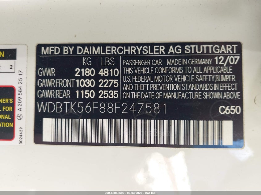 MERCEDES-BENZ CLK 350 2008 VIN WDBTK56F88F247581