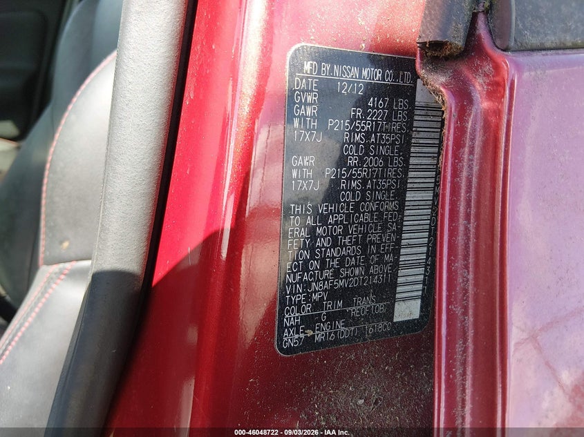 NISSAN JUKE 2013 VIN JN8AF5MV2DT214311