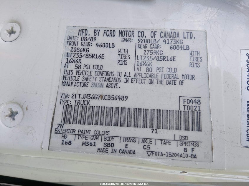FORD F350 1989 VIN 2FTJW36G7KCB56489