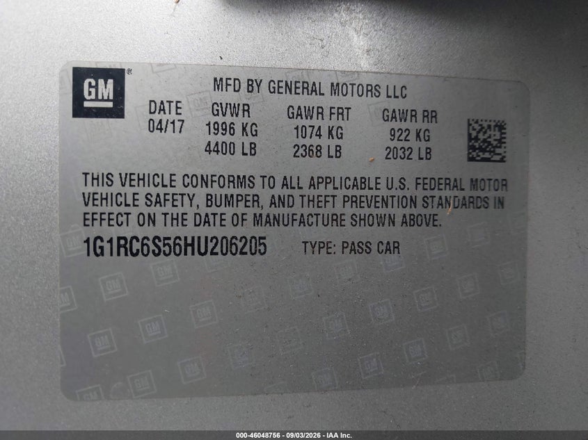 CHEVROLET VOLT 2017 VIN 1G1RC6S56HU206205