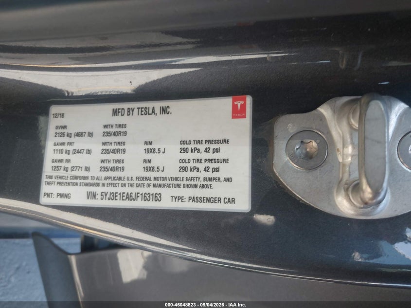 TESLA MODEL 3 2018 VIN 5YJ3E1EA6JF163163
