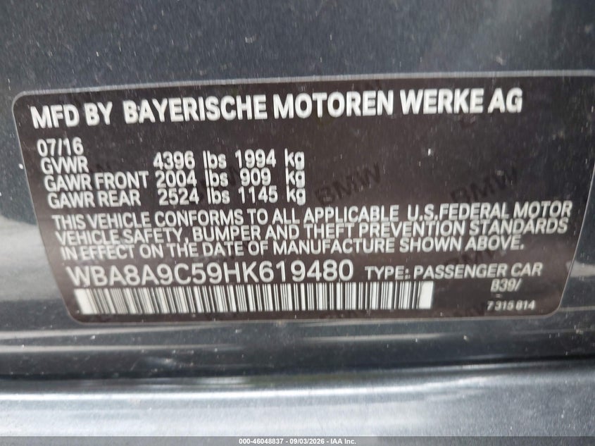 2017 BMW 3ER SEDAN 2.0L I-4 DI, DOHC, VVT, TURBO, PREMIUM , 180HP