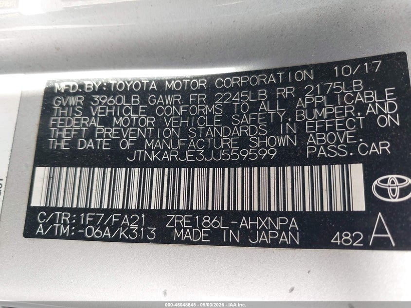 TOYOTA COROLLA IM 2018 VIN JTNKARJE3JJ559599