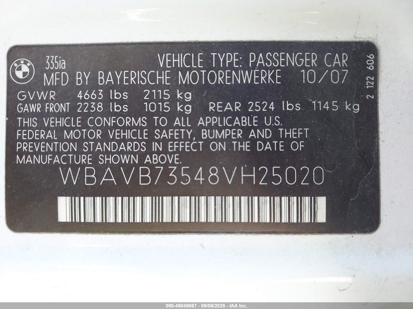 2008 BMW 3ER SEDAN 3.0L I-6 DI, DOHC, VVT, TURBO, PREMIUM , 300HP