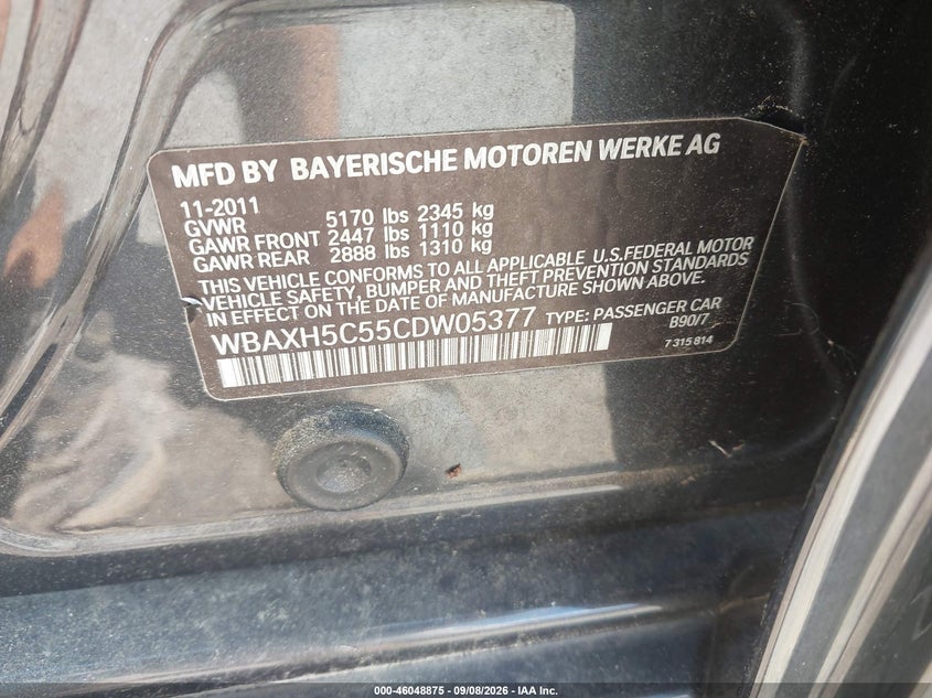 BMW 528I 2012 VIN WBAXH5C55CDW05377