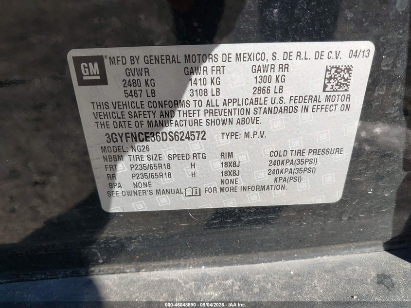 CADILLAC SRX 2013 VIN 3GYFNCE36DS624572