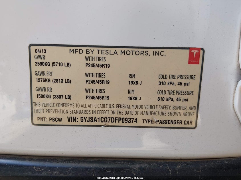 TESLA MODEL S 2013 VIN 5YJSA1CG7DFP09374