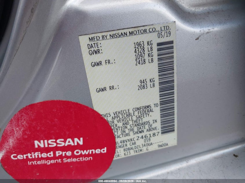 NISSAN ALTIMA 2019 VIN 1N4BL4BVXKC246187