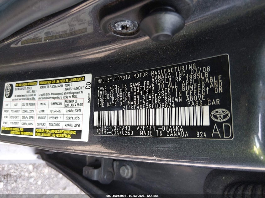 TOYOTA MATRIX 2009 VIN 2T1KE40EX9C008624