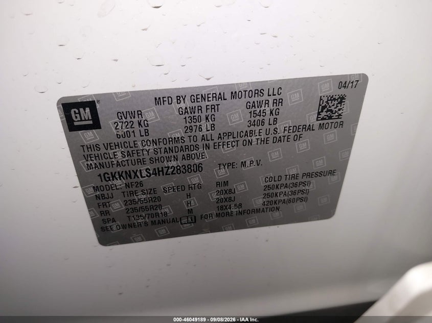 GMC ACADIA 2017 VIN 1GKKNXLS4HZ283806