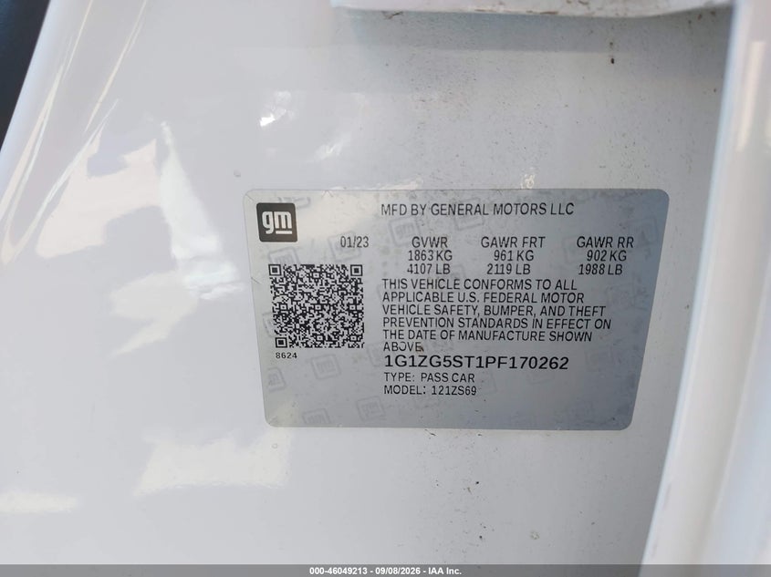 Vin: 1g1zg5st1pf170262, lot: 46548700, chevrolet malibu fwd rs 20234