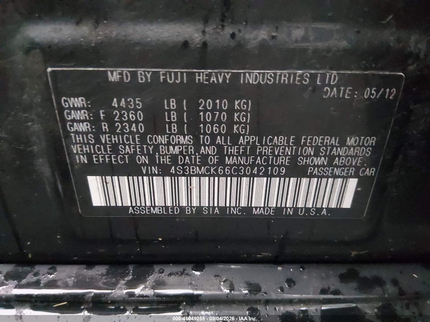 SUBARU LEGACY 2012 VIN 4S3BMCK66C3042109