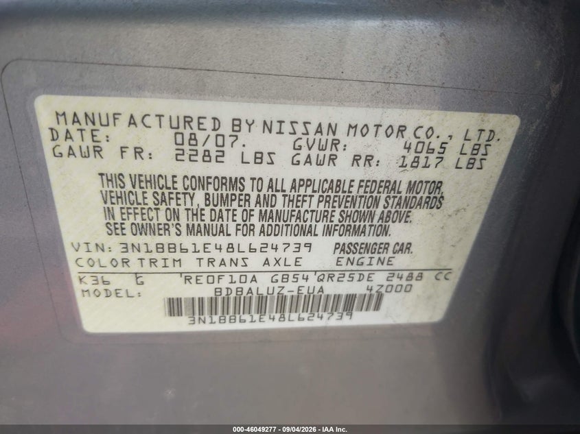 NISSAN SENTRA 2008 VIN 3N1BB61E48L624739