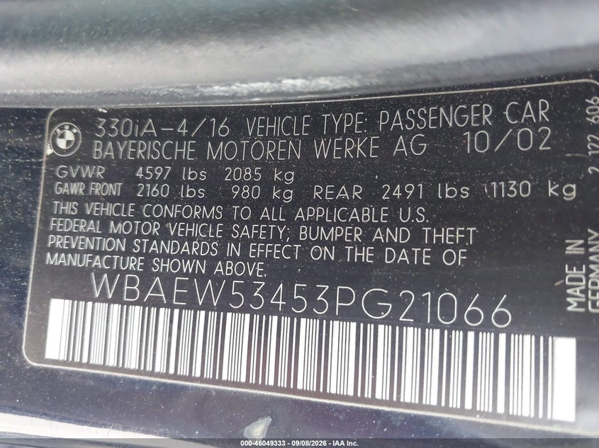 BMW 330XI 2003 VIN WBAEW53453PG21066
