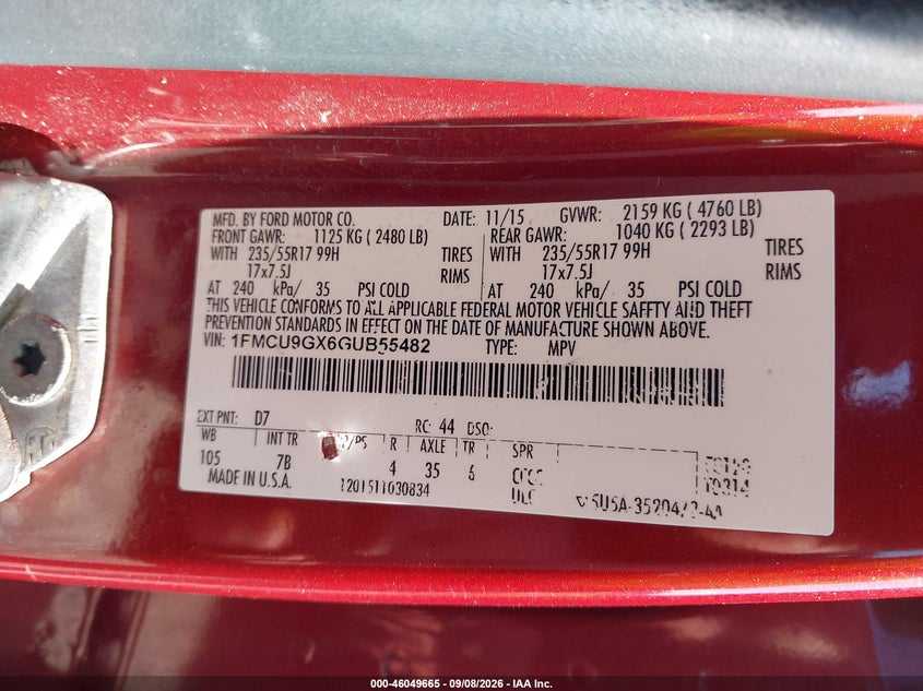 FORD ESCAPE 2016 VIN 1FMCU9GX6GUB55482