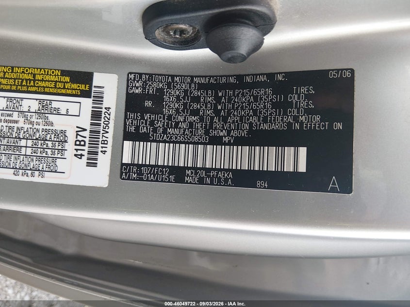 TOYOTA SIENNA 2006 VIN 5TDZA23C66S508503