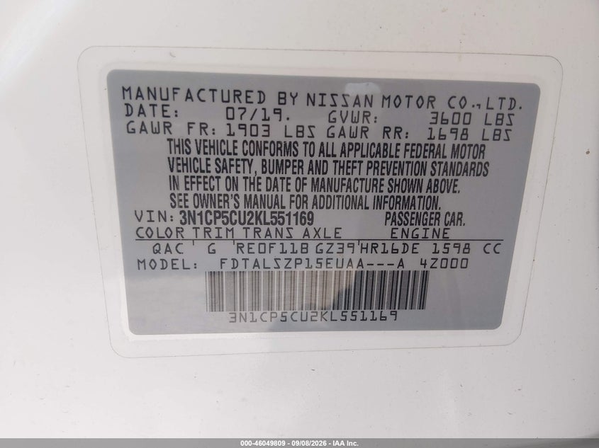 NISSAN KICKS 2019 VIN 3N1CP5CU2KL551169
