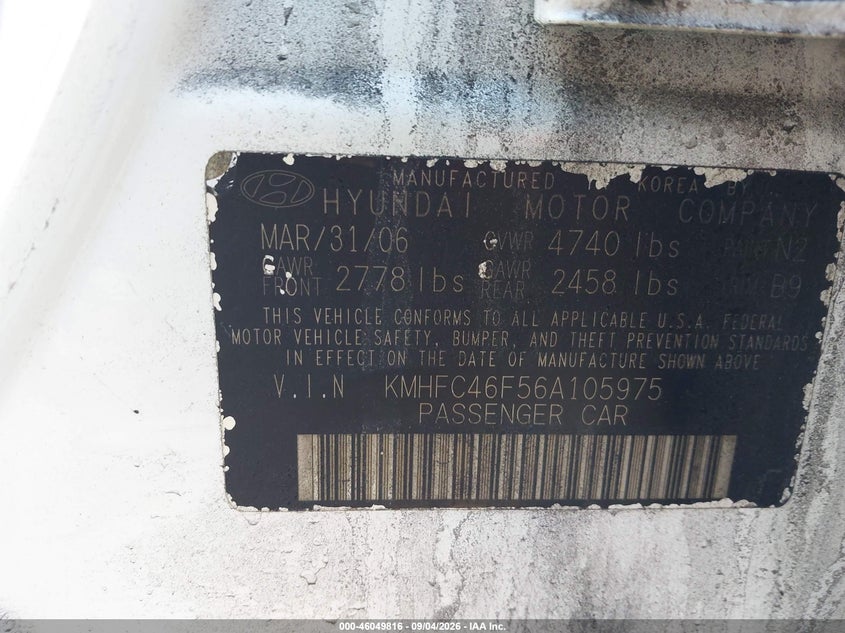 HYUNDAI AZERA 2006 VIN KMHFC46F56A105975