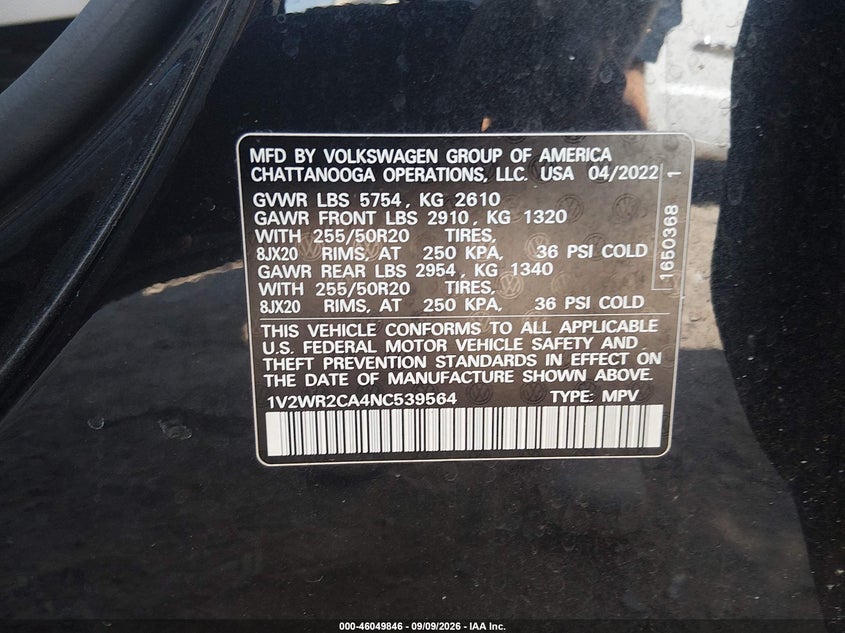 VOLKSWAGEN ATLAS 2022 VIN 1V2WR2CA4NC539564