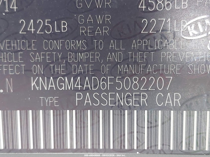 KIA OPTIMA HYBRID 2015 VIN KNAGM4AD6F5082207